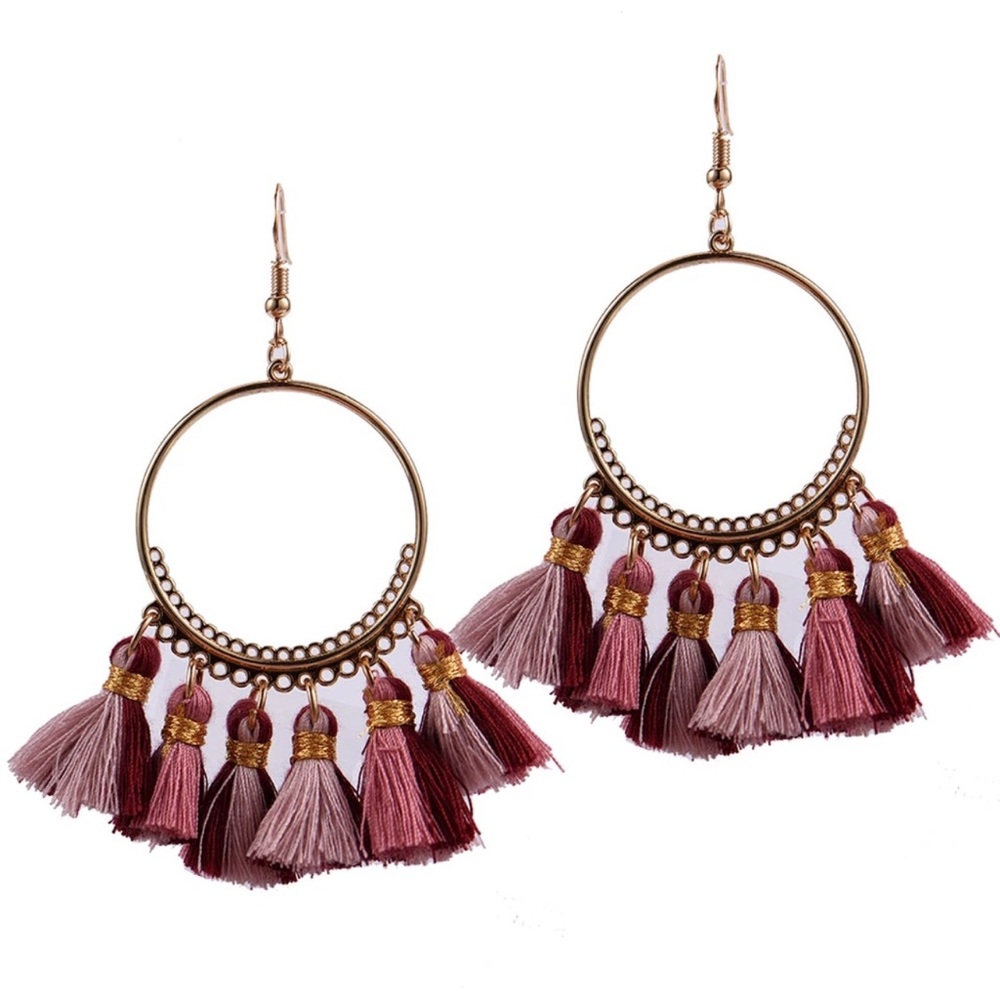 Boho Maroon, Mauve, Rose, Gold Tassel Earrings